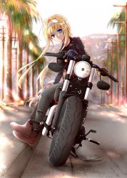 Rule 34 | 1girl, absurdres, alice zuberg, bad id, bad pixiv id, black gloves, blonde hair, blue eyes, blurry, boots, brown footwear, closed mouth, commentary request, from side, full body, gloves, hair intakes, hairband, highres, hollywood sign, long hair, looking at viewer, motor vehicle, motorcycle, outdoors, pants, road, shi-2, sitting, smile, solo, sword art online, tree, white hairband