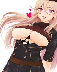 Rule 34 | 1girl, blonde hair, breasts, earrings, girls&#039; frontline, hand on back, heart, heart print, highres, jacket, jewelry, large breasts, long hair, looking at viewer, mole, mole under eye, open mouth, pill, ptrd (girls&#039; frontline), purple eyes, saliva, solo, tuguoji, turtleneck, white background