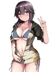Rule 34 | 1girl, absurdres, bikini, blush, breasts, brown eyes, brown hair, cleavage, commentary request, green jacket, hair between eyes, hayasui (kancolle), highres, jacket, kantai collection, kuromayu, large breasts, looking at viewer, open clothes, open jacket, partially unzipped, short hair, side-tie bikini bottom, simple background, smile, solo, swimsuit, v, white background