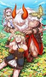 Rule 34 | 1girl, 2boys, absurdres, ancient greek clothes, asterios (fate), bare pectorals, between pectorals, blonde hair, blush, bug, butterfly, dress, euryale (fate), fate/grand order, fate (series), feet out of frame, field, flower, flower field, greco-roman clothes, hairband, head wreath, highres, hikagami (june lotus), insect, large horns, long hair, multiple boys, muscular, muscular male, pectorals, purple eyes, size difference, smile, tareme, theseus (fate), toned, toned male, twintails, very long hair, white hair