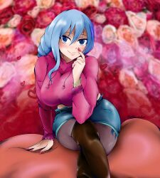 Rule 34 | absurdres, alternate costume, alternate hairstyle, blue eyes, blue hair, blush, boots, breasts, crop top, fairy tail, fingernails, flatpancakesjim, flower print, heart, highres, juvia lockser, large breasts, leather, leather boots, long fingernails, long hair, long sleeves, shorts, sitting, sweater, tattoo, thick thighs, thighs, valentine