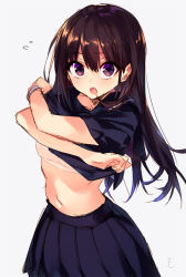 Rule 34 | 1girl, :o, blue skirt, blush, bra, brown hair, clothes lift, flying sweatdrops, grey background, hair between eyes, long hair, looking at viewer, navel, open mouth, original, pleated skirt, purple eyes, signature, simple background, sketch, skirt, solo, sports bra, sushikuugo (suisen), underwear, undressing, upper body