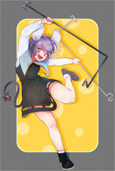 Rule 34 | 1girl, animal ears, black footwear, blue capelet, capelet, cross-laced footwear, crystal, dowsing rod, fingernails, grey hair, grey skirt, grey vest, highres, jewelry, long sleeves, mouse ears, mouse girl, mouse tail, nail polish, nazrin, open mouth, pendant, red eyes, shirt, shoes, short hair, sibata maru, skirt, skirt set, tail, touhou, vest, white legwear, white shirt, yellow nails
