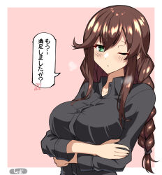 Rule 34 | 1girl, black shirt, border, braid, breasts, brown hair, commentary request, crossed arms, green eyes, highres, kantai collection, large breasts, long hair, noshiro (kancolle), noshiro kai ni (kancolle), one eye closed, pink background, shiba (zudha), shirt, solo, swept bangs, translation request, twin braids, two-tone background, upper body, white border