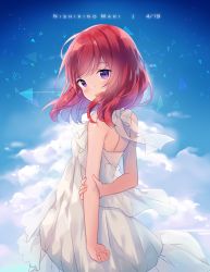 Rule 34 | 10s, 1girl, absurdres, character name, clenched hand, dated, dress, halterneck, hand on own arm, highres, hitsukuya, looking at viewer, looking back, love live!, love live! school idol project, nishikino maki, open mouth, purple eyes, red hair, short hair, solo, swept bangs, white dress