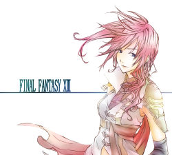Rule 34 | 10s, 1girl, blue eyes, cape, copyright name, dlei, female focus, final fantasy, final fantasy xiii, lightning farron, pink hair, solo, white background