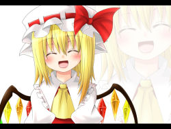 Rule 34 | 1girl, ^ ^, blonde hair, blouse, blush, closed eyes, collared shirt, dotera, embodiment of scarlet devil, female focus, flandre scarlet, hair between eyes, hanazome dotera, hat, letterboxed, mob cap, open mouth, shirt, side ponytail, smile, solo, touhou, white hat, white shirt, wings, zoom layer