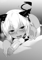 Rule 34 | 10s, 1boy, 1girl, bad id, bad twitter id, black rock shooter, breath, demon tail, fellatio, greyscale, hair ornament, hetero, kneeling, lying, m-da s-tarou, male pubic hair, monochrome, on back, open mouth, oral, penis, pubic hair, short hair, strength (black rock shooter), tail, tears, testicles, thighhighs, tongue, tongue out, tsurime, uncensored, white hair, white thighhighs