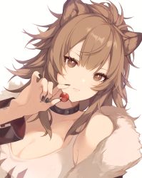 Rule 34 | 1girl, animal ears, arknights, bare shoulders, black nails, blonde hair, breasts, brown eyes, brown hair, candy, choker, cleavage, collarbone, expressionless, food, fur trim, hair between eyes, highres, holding, holding food, jacket, large breasts, lion ears, lollipop, long hair, looking at viewer, messy hair, nail polish, saibe, siege (arknights), simple background, solo, tank top, upper body, white background