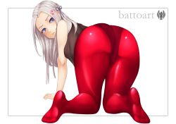 Rule 34 | 1girl, all fours, anger vein, artist logo, artist name, ass, battoart, blue eyes, edelgard von hresvelg, fire emblem, fire emblem: three houses, framed, full body, hair ribbon, highres, long hair, looking at viewer, looking back, nintendo, outside border, pantyhose, parted bangs, red pantyhose, ribbon, silver hair, simple background, sleeveless, solo, white background