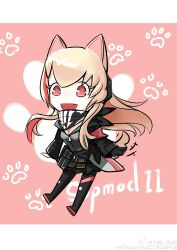Rule 34 | +++, 1girl, :d, absurdres, animal ears, armband, bandana, bandana around neck, black bandana, black footwear, black jacket, black skirt, blonde hair, blush, boots, breasts, character name, chibi, cleavage, dog ears, dog tail, fang, full body, girls&#039; frontline, hair between eyes, headgear, highres, jacket, kemonomimi mode, long hair, long sleeves, looking at viewer, m4 sopmod ii (girls&#039; frontline), mask, medium breasts, multicolored hair, open mouth, paw print, paw print background, pleated skirt, pouch, red armband, red eyes, red hair, skirt, skull mask, smile, solo, streaked hair, tail, thigh boots, third-party source, weibo logo, weibo watermark, white-smile