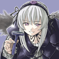 Rule 34 | 00s, 1girl, hand on own hip, pink eyes, pun, raised eyebrow, razor, rozen maiden, silver hair, solo, suigintou, what, wings