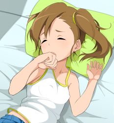 Rule 34 | 1girl, bare arms, bare shoulders, bed, breasts, brown hair, camisole, collarbone, covered erect nipples, closed eyes, futami mami, haseneko, idolmaster, idolmaster (classic), lying, open mouth, pillow, side ponytail, small breasts, solo