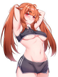 Rule 34 | 1girl, 5danny1206, absurdres, armpits, arms behind head, black shorts, breasts, closed mouth, covered erect nipples, hair ornament, hairclip, highres, large breasts, long hair, looking at viewer, midriff, navel, orange hair, original, pout, red eyes, shorts, simple background, solo, twintails, underboob, white background