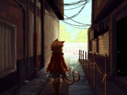 Rule 34 | 1girl, alley, animal ears, bad id, bad tumblr id, black cat, black skirt, boots, brown footwear, brown hair, cat, cat ears, cat tail, checkered clothes, checkered skirt, chen, coat, day, from behind, fur boots, fur coat, fur collar, glowing, glowing eyes, green eyes, kunochai, long sleeves, miniskirt, multiple tails, outdoors, pixel art, power lines, short hair, skirt, solo, tail, touhou, two tails