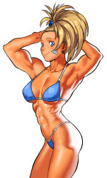 Rule 34 | 1girl, abs, armpits, arms behind head, arms up, ass, bandaid, bandaid on cheek, bandaid on face, biceps, bikini, blonde hair, blue bikini, blue eyes, captain mizuki, cessa, commission, flat ass, highres, looking at viewer, muscular, muscular female, one-punch man, simple background, smile, solo, swimsuit, white background