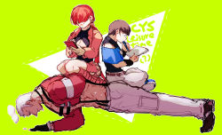 Rule 34 | 1girl, 2boys, breasts, chris, cleavage, covered eyes, english text, exercising, manly, multiple boys, nanakase yashiro, push-ups, red hair, shermie (kof), sitting, sitting on person, suspenders, sweat, the king of fighters, white hair, y56766824