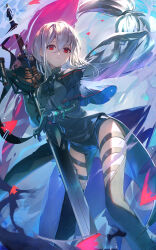 Rule 34 | 1girl, absurdres, arknights, ascot, black ascot, black gloves, black pants, black shirt, closed mouth, clothing cutout, commentary, floating hair, gloves, grey hair, hair between eyes, highres, holding, holding sword, holding weapon, kamatoyu, long hair, long sleeves, looking at viewer, pants, red eyes, shirt, shoulder cutout, skadi (arknights), solo, sword, thigh cutout, very long hair, weapon