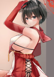 Rule 34 | 1girl, animal ears, arm up, armpits, bare shoulders, black hair, black ribbon, blue archive, blush, breasts, elbow gloves, from side, gloves, green eyes, high-waist skirt, large breasts, looking at viewer, looking to the side, parted lips, red gloves, red sailor collar, red skirt, revealing clothes, ribbon, sailor collar, short hair, sideboob, skirt, solo, tassel, tomura2maru, tsubaki (blue archive)