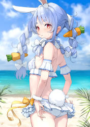 Rule 34 | 1girl, animal ear fluff, animal ears, ass, beach, bikini, bikini skirt, blue hair, blush, bow, braid, breasts, butt crack, carrot hair ornament, closed mouth, cloud, cowboy shot, day, detached sleeves, extra ears, food-themed hair ornament, from behind, hair bow, hair ornament, highres, hololive, looking at viewer, mitsuru (pixiv 34028718), multicolored hair, outdoors, rabbit-shaped pupils, rabbit ears, rabbit girl, rabbit tail, red eyes, short sleeves, small breasts, solo, standing, sweatdrop, swimsuit, symbol-shaped pupils, tail, thick eyebrows, twin braids, twintails, two-tone hair, usada pekora, virtual youtuber, white bikini, white bow, white hair