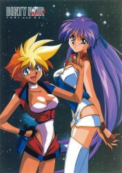 Rule 34 | 1990s (style), 2girls, arms behind back, black gloves, blonde hair, breasts, character name, choker, cleavage, copyright name, cowboy shot, dark-skinned female, dark skin, dirty pair, dirty pair flash, dyed bangs, earrings, gloves, green eyes, highleg, highleg leotard, highres, jewelry, kei (dirty pair flash), kimura takahiro, large breasts, leotard, long hair, looking at viewer, multicolored hair, multiple girls, non-web source, official art, open mouth, orange hair, own hands together, photoshop (medium), purple eyes, purple hair, red gloves, retro artstyle, short hair, sleeveless, smile, star (symbol), starry background, thighhighs, two-tone hair, v arms, very long hair, white leotard, yuri (dirty pair flash)