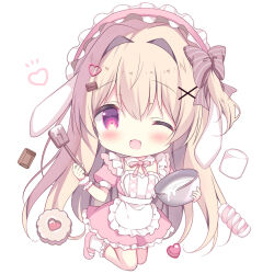 Rule 34 | 1girl, ;d, apron, azumi kazuki, blush, bow, bowl, brown bow, brown hair, chibi, commentary request, dress, food, frilled apron, frilled dress, frilled hairband, frilled socks, frills, full body, hair between eyes, hair bow, hair intakes, hair ornament, hairband, hairclip, heart, heart hair ornament, holding, holding bowl, kneeling, long hair, looking at viewer, marshmallow, mixing bowl, one eye closed, open mouth, original, pink dress, pink footwear, pink hairband, puffy short sleeves, puffy sleeves, purple eyes, shoes, short sleeves, simple background, smile, socks, solo, spatula, striped bow, very long hair, white apron, white background, white socks, wrist cuffs, x hair ornament