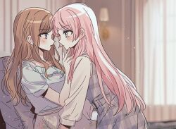 2girls bang_dream! bang_dream!_it&#039;s_mygo!!!!! blue_eyes blue_shirt brown_hair chihaya_anon closed_mouth commentary curtains dress eye_contact grey_eyes grey_hair hashtag-only_commentary indoors light_smile long_hair long_sleeves looking_at_another multiple_girls nagasaki_soyo open_mouth pinafore_dress pink_hair shirt short_sleeves sidelocks sleeveless sleeveless_dress soha_blan white_shirt yuri