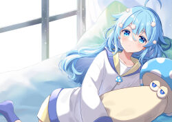 Rule 34 | 1girl, absurdres, ahoge, bed, blue eyes, blue hair, blue socks, character request, closed mouth, collarbone, expressionless, highres, indie virtual youtuber, indoors, long hair, long sleeves, manimarough, pillow, socks, solo, virtual youtuber, window, zipper, zipper pull tab