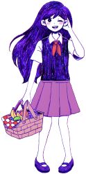 Rule 34 | 1girl, arm at side, banana, blush, bright pupils, collared shirt, colored skin, food, fruit, full body, grapes, hair behind ear, hair between eyes, hand on own ear, holding, long hair, looking at viewer, mari (headspace) (omori), mari (omori), medium skirt, neckerchief, official art, omocat, omori, one eye closed, open mouth, picnic basket, pigeon-toed, purple eyes, purple footwear, purple hair, purple skirt, purple sweater vest, red neckerchief, shirt, short sleeves, skirt, smile, solo, standing, sweater vest, teeth, transparent background, upper teeth only, white pupils, white shirt, white skin