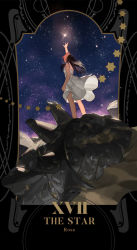 Rule 34 | 1girl, arm at side, bare legs, black hair, card (medium), character name, clothes lift, dress, dress lift, dust, dyed bangs, emmmerald, english text, facing away, floating hair, full body, fullmetal alchemist, highres, long hair, looking up, multicolored hair, night, night sky, outdoors, outside border, outstretched hand, pink hair, rock, roman numeral, rose tomas, sky, sleeveless, sleeveless dress, solo, standing, star (sky), star (symbol), starry sky, tarot, tarot (medium), the star (tarot), two-tone hair, white dress