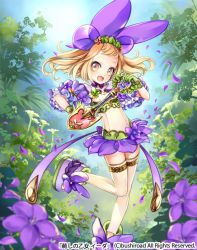 Rule 34 | 1girl, augury maiden ida, blonde hair, boots, cardfight!! vanguard, company name, flower, gloves, leaf, mekameka shii, official art, open mouth, petals, shovel, solo, thighhighs, tree, worktool, yellow eyes