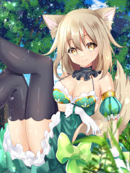 Rule 34 | 1girl, animal ear fluff, animal ears, bare shoulders, black thighhighs, blue sky, blurry, blurry foreground, blush, bow, breasts, brown eyes, brown hair, cleavage, closed mouth, cloud, cloudy sky, commentary request, day, depth of field, detached sleeves, dress, gloves, green bow, green dress, green sleeves, hair between eyes, head tilt, knee up, leg up, long hair, looking at viewer, medium breasts, misaki (misaki86), original, outdoors, puffy short sleeves, puffy sleeves, short sleeves, sky, sleeveless, sleeveless dress, smile, solo, tail, thighhighs, tree, white gloves, wolf ears, wolf girl, wolf tail