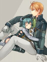 Rule 34 | 1boy, 1girl, ^ ^, antenna hair, blonde hair, blue hair, blush, chihiro (chihiro3399), closed eyes, closed mouth, commentary, eiyuu densetsu, feet out of frame, from side, gloves, green jacket, grey background, hair between eyes, highres, hug, jacket, jusis albarea, knees up, long sleeves, millium orion, open clothes, open jacket, profile, sen no kiseki, sen no kiseki iii, short hair, simple background, sitting, smile, spiked hair, wariza, white gloves