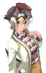 Rule 34 | 1girl, absurdres, alternate costume, arm at side, bespectacled, bird tail, bird wings, black hair, blonde hair, brown eyes, buttons, closed mouth, collared shirt, contemporary, glasses, grey hair, hand up, hat, head wings, highres, jacket, kemono friends, kemono friends 2, long sleeves, looking at viewer, multicolored hair, open clothes, open jacket, plaid, plaid shirt, pocket, shirt, sidelocks, simple background, skirt, smile, solo, spot-billed duck (kemono friends), swept bangs, tail, tanabe (fueisei), unbuttoned, upper body, white background, white hair, wing collar, wings