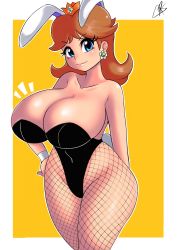 Rule 34 | 1girl, animal ears, bare shoulders, blue eyes, border, breasts, brown hair, cleavage, closed mouth, collarbone, covered navel, cowboy shot, crown, curvy, earrings, fake animal ears, fake tail, fishnet pantyhose, fishnets, flower earrings, highres, huge breasts, jewelry, leotard, looking at viewer, mario (series), medium hair, nintendo, pantyhose, playboy bunny, princess daisy, rabbit ears, rabbit tail, rivyk, smile, solo, super mario land, tail, white border, wide hips, wrist cuffs, yellow background