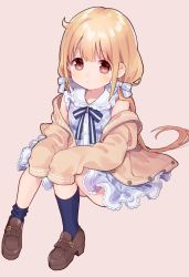 Rule 34 | 1girl, blue bow, blue dress, blue neckwear, blue ribbon, blue socks, blush, bow, brown eyes, closed mouth, commentary, dress, full body, futaba anzu, hair bow, idolmaster, idolmaster cinderella girls, light brown hair, loafers, long hair, long sleeves, looking at viewer, low twintails, on floor, pink background, ribbon, shoes, simple background, sitting, sleeveless, sleeves past fingers, sleeves past wrists, socks, solo, symbol-only commentary, thighs, twintails, uso (ameuzaki), very long hair