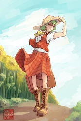 Rule 34 | 1girl, arm behind back, bare legs, boots, briefcase, cross-laced footwear, dirty, flower, green hair, hand on headwear, hat, highres, hyoutan tan, kazami yuuka, knee boots, lace-up boots, looking to the side, murasa minamitsu, open clothes, open vest, plaid, plaid skirt, plaid vest, red eyes, shadow, shirt, shirt tucked in, short hair, short sleeves, skirt, smile, solo, straw hat, sunflower, touhou, vest, walking, white shirt, yellow neckwear