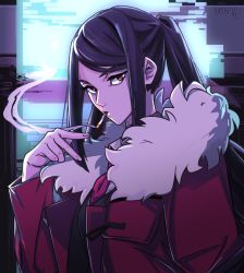 Rule 34 | 1girl, cigarette, coat, commentary, cyberpunk, english commentary, fur collar, highres, inktober, jill stingray, kamuify, long hair, looking at viewer, purple hair, red coat, red eyes, smoke, smoking, solo, swept bangs, twintails, upper body, v, va-11 hall-a, winter clothes, winter coat
