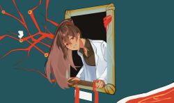 Rule 34 | 1000-nen ikiteru (vocaloid), 1girl, blood, bloodbath (project moon), brown hair, brown shirt, carmen (project moon), coat, grin, high ponytail, highres, lab coat, lobotomy corporation, long hair, long sleeves, looking at viewer, msx (mis4xi), picture frame, project moon, shirt, smile, solo, the burrowing heaven, white coat, wing collar