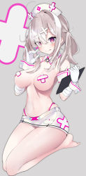 Rule 34 | 1girl, adapted costume, ahoge, bandaged arm, bandages, bandaid, bandaids on nipples, barefoot, blush, breasts, clipboard, closed mouth, detached collar, eyes visible through hair, fellatio gesture, full body, gloves, grey background, hair ornament, hair over one eye, harenchi, hat, heart, highleg, highleg panties, highres, holding, holding clipboard, long hair, looking at viewer, medium breasts, midriff, miniskirt, mole, mole under eye, navel, nijisanji, no shirt, nurse, nurse cap, panties, panty straps, pasties, pink panties, pocket, purple eyes, seiza, silver hair, simple background, sitting, skirt, smile, solo, sukoya kana, thighs, tongue, tongue out, topless, twintails, underwear, virtual youtuber, white gloves, white hat, wrist cuffs, x hair ornament