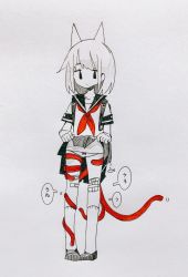 Rule 34 | 1girl, animal ears, bad id, bad twitter id, bandaid, bandaid on leg, bow, bow panties, cat ears, cat tail, charm (object), commentary request, fish charm, highres, kneehighs, lifted by self, long tail, looking to the side, monochrome, neckerchief, original, outo eguchi, panties, paper (medium), pen (medium), photo (medium), pigeon-toed, pleated skirt, red bow, red neckerchief, red tail, sailor collar, short hair, short sleeves, simple background, skirt, socks, solo, speech bubble, stomach, tail, underwear