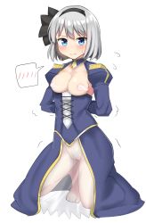 Rule 34 | 1girl, arms behind back, artoria pendragon (all), artoria pendragon (fate), barefoot, black bow, black hairband, blue dress, blue eyes, blue sleeves, blush, bow, bow hairband, breasts, breasts out, censored, censored nipples, commentary, cosplay, dot nose, dress, fate (series), flying sweatdrops, ghost, hairband, highres, kneeling, konpaku youmu, long sleeves, looking at viewer, medium breasts, nipples, novelty censor, puffy sleeves, pussy, saber (fate), saber (fate) (cosplay), short hair, simple background, solo, speech bubble, thighs, touhou, trembling, white background, white hair, youmu-kun