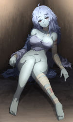 Rule 34 | 1girl, bandaged arm, bandaged leg, bandaged neck, bandages, barbariank, bare shoulders, barefoot, blue hair, blue skin, breasts, brown eyes, closed mouth, colored skin, full body, hair between eyes, head tilt, jitome, knees together feet apart, large breasts, long hair, looking at viewer, monster girl encyclopedia, navel, no panties, off shoulder, purple vest, sitting, solo, torn clothes, vest, zombie, zombie (monster girl encyclopedia)