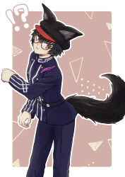 Rule 34 | !?, 1boy, absurdres, animal ears, animal hat, belt, black hair, black hat, black pants, blue belt, blue jacket, cabbie hat, commentary request, facial mark, fake animal ears, feathers, glasses, hat, highres, jacket, kemonomimi mode, long sleeves, looking back, male focus, master detective archives: rain code, pants, red-framed eyewear, red eyes, round eyewear, short hair, solo, sweatdrop, tail, yoi (207342), zilch alexander