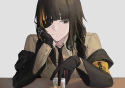 Rule 34 | 1girl, alcohol, bar (place), black gloves, black hair, black jacket, black necktie, blonde hair, blunt bangs, braid, braided ponytail, brown eyes, closed mouth, commentary request, cup, drinking glass, eyepatch, girls&#039; frontline, glass, gloves, gradient hair, hair over shoulder, hand on own cheek, hand on own face, headphones, headphones around neck, headset, highres, holding, holding cup, ice, ice cube, jacket, leaning, leaning to the side, looking to the side, loose necktie, m16a1 (girls&#039; frontline), mik blamike, mole, mole under eye, multicolored hair, necktie, off shoulder, shirt, shot glass, side braid, side ponytail, sidelocks, simple background, sitting, smile, streaked hair, whiskey, white background, yellow shirt