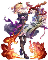 Rule 34 | &gt;:d, 1girl, :d, asymmetrical hair, backlighting, black thighhighs, blonde hair, blush, book, bow, braid, braided hair rings, breath weapon, breathing fire, burnt, castle, chain, chair, corset, dragon, dress, fantasy, fire, floating, floating book, floating object, floral print, flower, footwear bow, frills, full body, hair between eyes, hair flower, hair ornament, hair ribbon, hair rings, hairband, hand on own cheek, hand on own face, highres, horns, kanipanda, leaf, long sleeves, looking at viewer, mary janes, mini dragon, open book, open mouth, original, outstretched arm, pages, pop-up book, purple bow, purple dress, purple eyes, purple footwear, ribbon, scales, shoes, simple background, single braid, sleeves past wrists, smile, solo, standing, striped bow, striped clothes, striped ribbon, striped thighhighs, tail, thigh strap, thighhighs, v, v-shaped eyebrows, white background, zettai ryouiki