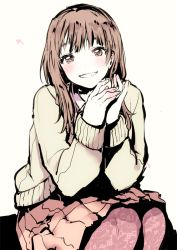 Rule 34 | 1girl, bad id, bad pixiv id, blush, brown eyes, brown hair, long hair, looking at viewer, original, own hands clasped, own hands together, pantyhose, pink pantyhose, sitting, skirt, smile, solo, sweater, uekan