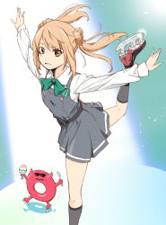 Rule 34 | 1girl, belt, brown eyes, buttons, commentary request, double bun, dress, enemy lifebuoy (kancolle), food, grey dress, grey socks, hair bun, highres, holding, holding food, holding spoon, ice skates, ice skating, kantai collection, kneehighs, leg up, light brown hair, long sleeves, looking at viewer, michishio (kancolle), outstretched arms, pinafore dress, shadow, shaved ice, shirt, short twintails, skates, skating, sleeveless, sleeveless dress, socks, spoon, spotlight, spread arms, sunglasses, twintails, white shirt, yoshinaga yunosuke