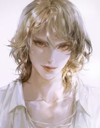 Rule 34 | 1boy, bad id, bad twitter id, blonde hair, brown hair, closed mouth, collarbone, hair between eyes, highres, looking at viewer, male focus, original, realistic, shirt, simple background, solo, upper body, vlfdus 0, white background, white shirt