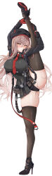 Rule 34 | 1girl, absurdres, arms up, ass, belt pouch, beret, black dress, black footwear, black gloves, black hat, black jacket, black thighhighs, blush, breasts, brown hair, closed mouth, commentary request, cropped jacket, dress, flexible, gloves, gluteal fold, goddess of victory: nikke, hat, high heels, highres, holding legs, jacket, large breasts, leg lift, leotard, leotard under clothes, long hair, long sleeves, looking at viewer, necktie, pouch, rapi (nikke), red gloves, red necktie, shiny skin, short dress, simple background, skindentation, solo, split, standing, standing on one leg, standing split, strap, tactical clothes, thighhighs, two-tone gloves, v-shaped eyebrows, very long hair, white background, wide hips, yellow eyes, yoru0409